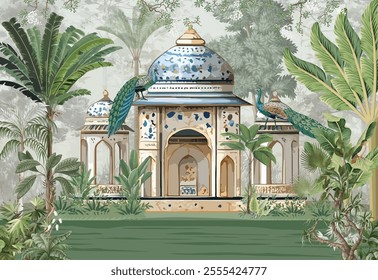 Traditional Mughal Garden illustration, Mughla palace, Wall Mural, Wallpaper, Moroccan.