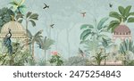 Traditional mughal garden Illustration, Mughal mural wallpaper Design, Birds, Peacock, Watercolor Background.