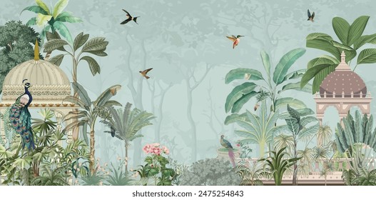 Ilustración tradicional del Fondo de pantalla mogol, diseño mural mogol del jardín, pájaros, pavo real, fondo de la acuarela.