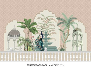 Traditional Mughal garden Illustration, Mughal Mural Design,Seamless Background Design, Peacock, Mughal Arch.