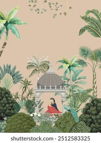 Traditional Mughal Garden Illustration for Mural, Dome, Mughal Tree, Seamless Background.