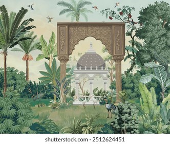 Ilustración tradicional del jardín de Mughal para el mural, ilustración de Mughal, pájaros, pavo real, fondo de la acuarela.