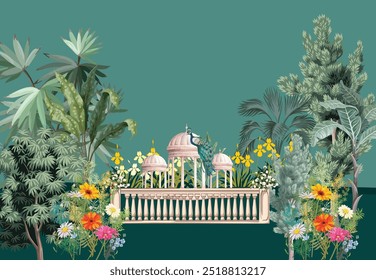 Traditional mughal garden Illustration, Mughal mural wallpaper Design, Birds, Peacock,  illustration for wallpaper.