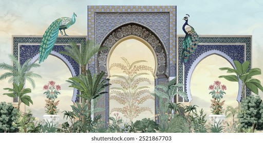 Traditional Mughal Garden Illustration, Garden Mural Design, Flower, Peacock.