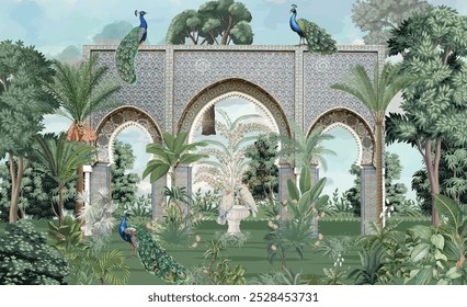 Traditional Mughal Garden Illustration, Mughal Mural Illustration, Peacock.