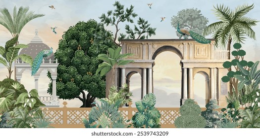 Traditional Mughal Garden Illustration, Mughal Mural, Peacock, Watercolor Background.