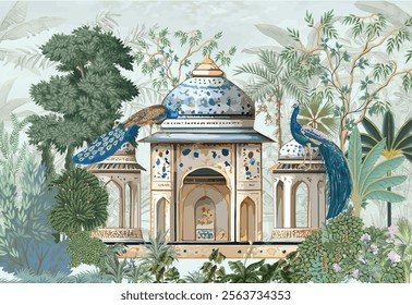 Traditional Mughal garden Illustration for Mural, Mughal Garden, Peacock, Mughal Palace.