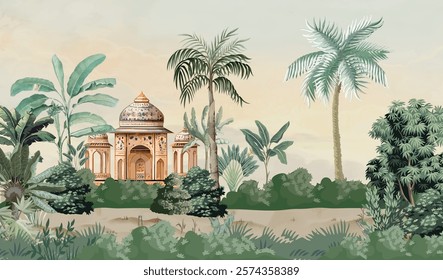 Traditional Mughal Garden Illustration, Mughal Mural Design, Mughal Wedding, Jungle Illustration, Watercolor Background.