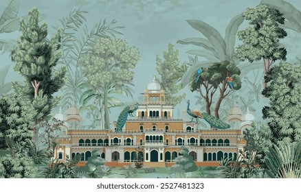 Ilustración tradicional del jardín de Mughal, palacio de Mughal, pavo real, ilustración mural de Mughal.