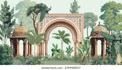 Traditional Mughal Garden Illustration, Mughal Wall Mural, Mural for printing, Mughal Wedding wallpaper.