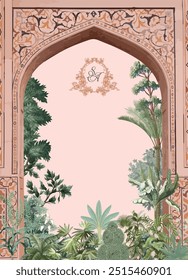 Mughal tradicional com jardim Mughal ilustração, Mughal casamento design mural, papel de parede Mughal.