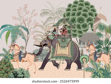 Traditional Mughal garden Illustration, Wedding Background Design, Elephant, Decorative Mural Illustration.