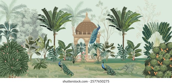 Traditional Mughal Garden Illustration for wedding Background, Mughal Garden, Garden Illustration for wedding Mural.