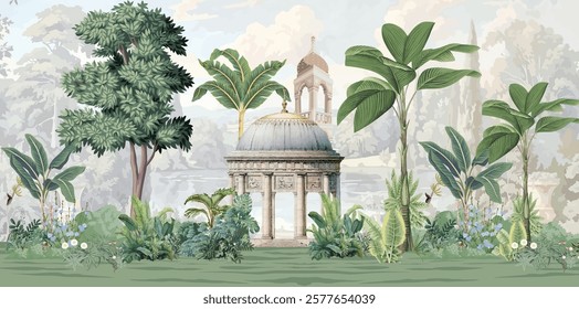 Traditional Mughal Garden Illustration, Mughal Wedding, Mughal Dome, Watercolor Background.