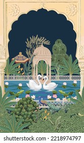 Traditional Mughal Garden, lake, swan, peacock, lotus, water lily vector pattern illustration