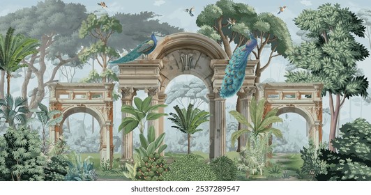 Traditional Mughal Garden Mural Illustration, Mughal Arch, Peacock.