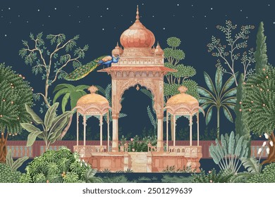 Traditional Mughal Garden at night with temple, arch, palace, peacock, tree pattern illustration