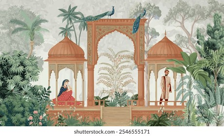 Traditional Mughal garden palace, arch, peacock, swans on the lake vector illustration. Mughal wedding outdoor background design. Mughal miniature wallpaper.