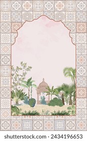 Traditional Mughal garden, palm tree, peacock with tiles pattern for invitation