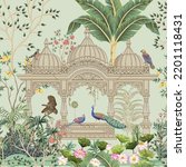 Traditional Mughal garden, peacock, arch, temple, lotus, bird vector illustration seamless pattern for wallpaper