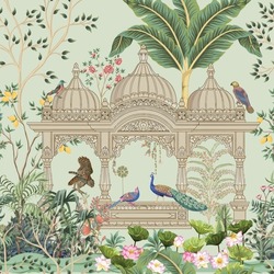 Traditional Mughal Garden, Peacock, Arch, Temple, Lotus, Bird Vector Illustration Seamless Pattern For Wallpaper