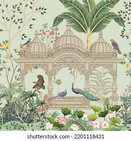 Traditional Mughal garden  peacock  arch  temple  lotus  bird vector illustration seamless pattern for wallpaper