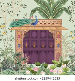 Traditional Mughal garden, peacock, arch, temple vector illustration seamless pattern for wallpaper