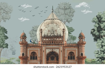 Traditional Mughal garden, peacock, tree, palace illustration for mural wallpaper. Mughal garden, arch, peacock, plant botanical landscape illustration. Royal Mughal Garden with Archway, Peacock.