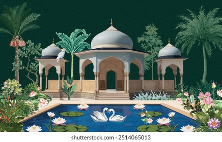 Tradicional Mughal jardim lugar ilustrações para Mughal papel de parede. Jardim mogol com lírios de água de cisnes em um lago. Ilustração da paisagem vegetal botânica.