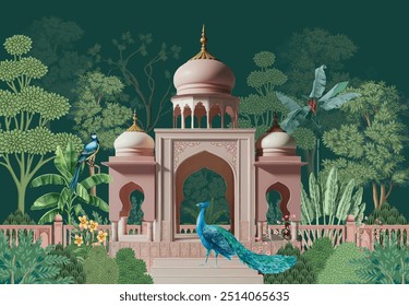 Traditional Mughal garden place illustrations for Mughal wallpaper. Botanical plant landscape illustration.