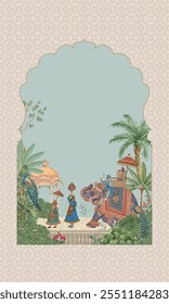 Traditional Mughal Garden seamless pattern with arches, elephant procession, peacocks, plants, and floral motifs for invitation prints