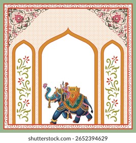 Traditional Mughal garden and seated queen frame illustration, Traditional Mughal forest, garden, arch, peacock, bird illustration,, Traditional Mughal flower motif. Mughal wall paintings