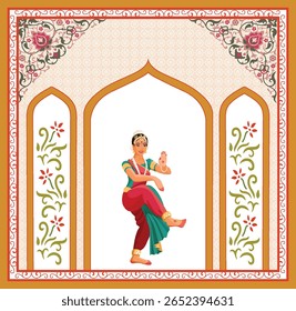 Traditional Mughal garden and seated queen frame illustration, Traditional Mughal forest, garden, arch, peacock, bird illustration,, Traditional Mughal flower motif. Mughal wall paintings