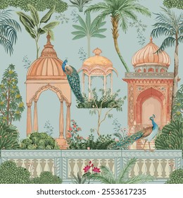 Traditional Mughal garden with temple, arch, palace, peacock, tree seamless pattern illustration