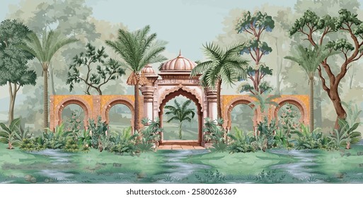 Traditional Mughal Garden with temple, arch, palace, peacock, tree.