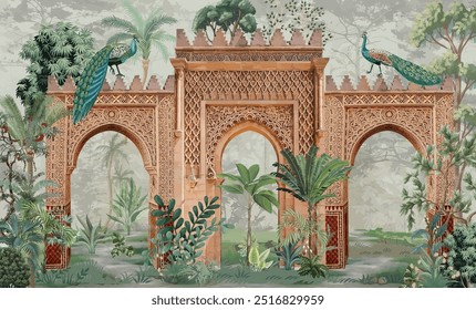 Traditional Mughal Garden Wall Illustration, Mughal Garden, Peacock, Watercolor Background.