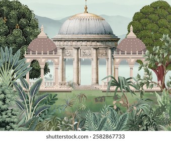 Traditional Mughal Garden Wallpaper, Dome, Mughal Tree, Mughal Wedding Wallpaper.