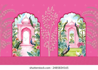 Traditional Mughal Gardens Arch, Pecock Bildschirmhintergrund Design. Mogulhochzeitseinladung und Hochzeit Bildschirmhintergrund.