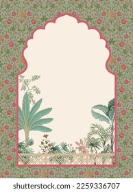 Traditional Mughal Indian garden Wedding Invitation Design. vector illustration pattern for print