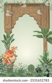 Traditional Mughal Invitation card Design, Mughal Garden Illustration, Mughal Arch.