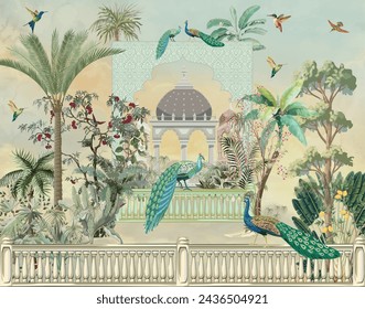 Traditional Mughal Islamic wallpaper design, Dome, Peacock, Arch and watercolor Background.