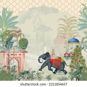 Traditional Mughal king  mahout riding elephant in garden illustration vector pattern for wallpaper