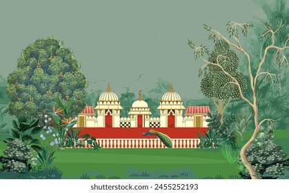 Traditional Mughal landscape wallpaper illustrations. Mughal palace Jaipur in Rajasthani style wallpaper.