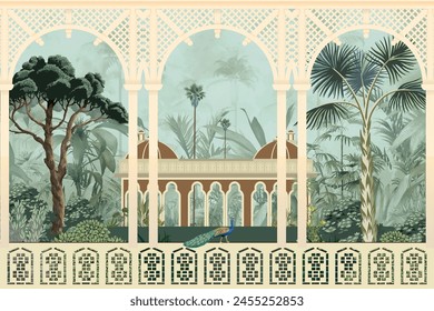 Ilustraciones tradicionales de Fondo de pantalla paisajístico mogol. Palacio mogol de Jaipur en el Fondo de pantalla de estilo Rajasthani.