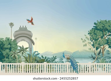 Traditional Mughal landscape wallpaper illustrations. Mughal palace Jaipur in Rajasthani style wallpaper.