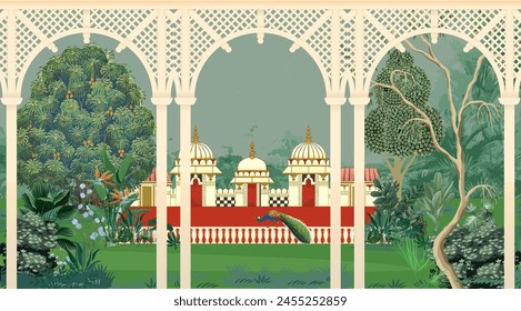 Ilustraciones tradicionales de Fondo de pantalla paisajístico mogol. Palacio mogol de Jaipur en el Fondo de pantalla de estilo Rajasthani.