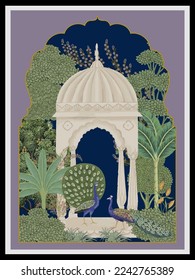 Traditional Mughal motif, frame, arch, peacock, flower, tropical tree. Mughal wall art printable, living room decor vector illustration.