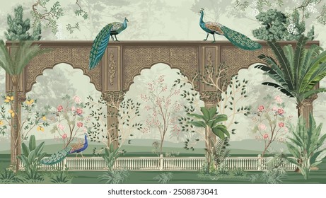 Traditional Mughal Mural Background Design, Mughal Arch with Peacock and Tropical plant, Watercolor background.