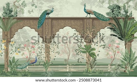 Traditional Mughal Mural Background Design, Mughal Arch with Peacock and Tropical plant, Watercolor background.