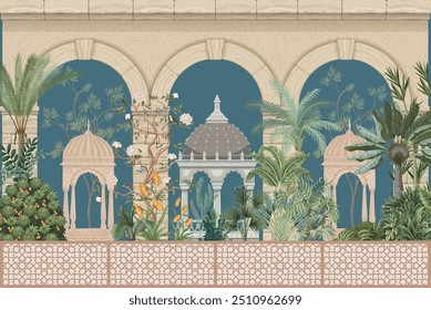 Traditional Mughal Mural Design, Mughal Arch with Tropical Plants, Mural Design for Home Decor.